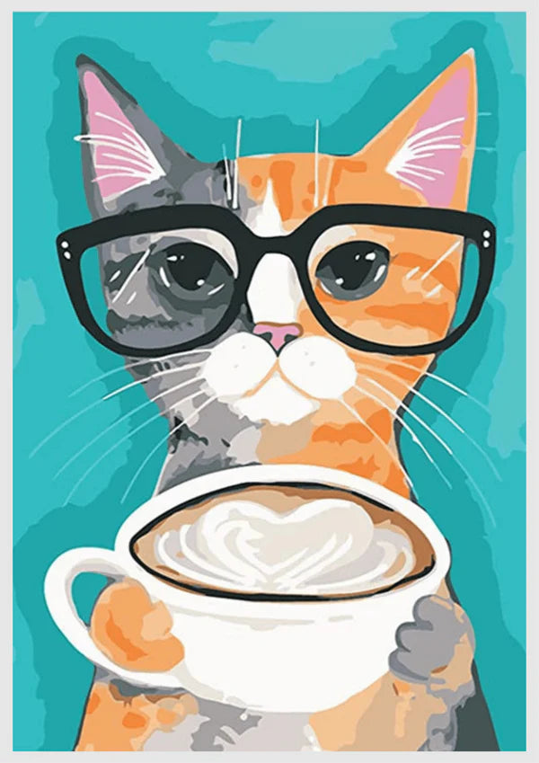 Cat With Glasses And Coffee- Animals  Diy Diamond Painting Kit